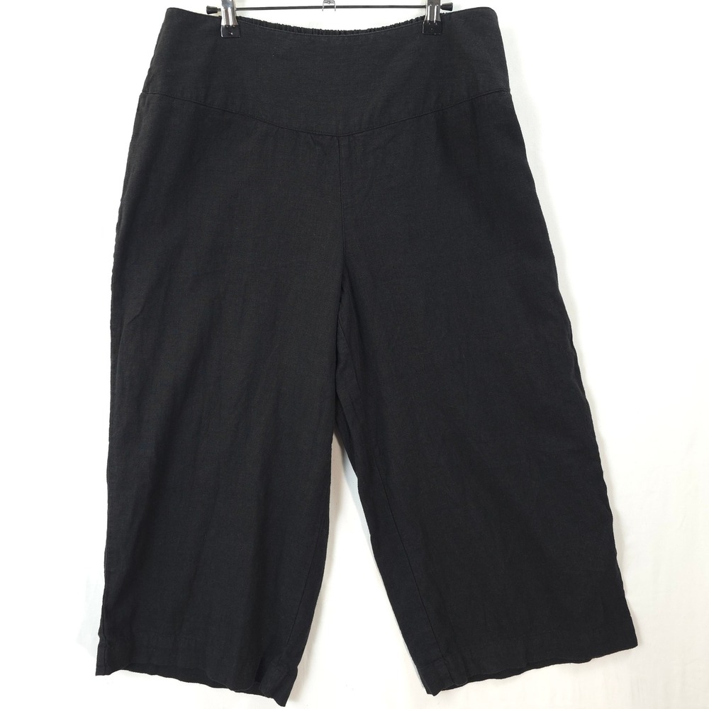 Cropped Wide Leg Pants Linen Blend Women 14/16W Smocked Black Cato Lagenlook